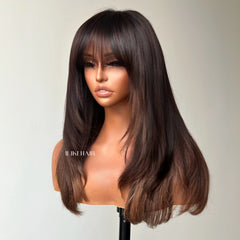 Brown Highlight With Bang Layered Cut 5��5 Lace Human Hair Wig
