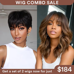 Wig Combo 8-Pixie Wig+ Chestnut Brown Layered Wavy Wig