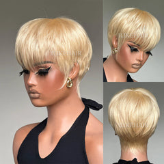 613 Blonde Layered Pixie Cut Glueless Human Hair Wig With Bangs