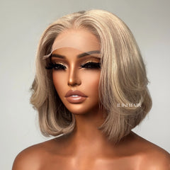 Ash Blonde Highlights Layered Bob Human Hair Lace Closure Wig