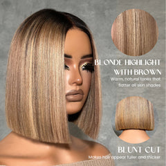 Ombre Blonde Highlight with Brown Blunt Cut Bob 5x5 Lace Closure Wig