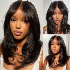 Wig Combo 1-Layered Curtain Bang Wig+ Blonde Curly Higlight Wig