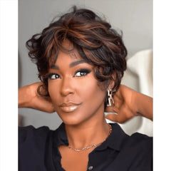 Glueless Brown Highlight Layered Pixie Cut Wig With Bangs