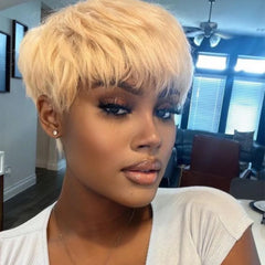 613 Blonde Layered Pixie Cut Glueless Human Hair Wig With Bangs