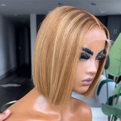 613 Ombre Blonde Highlight with Brown Blunt Cut Bob Human Hair Wig
