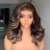 Brown With Blonde Highlight Wavy Layered Cut 13��4 Lace Frontal Wig