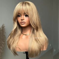 Honey Blonde Hair Wig With Bangs Glueless 13x4 Frontal Lace Wig 100% Human Hair