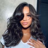 Layered Cut 5x5 Closure Wavy Glueless Lace Wig Side Bangs Human Hair