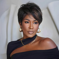 Put On & Go Brown Highlight Layered Pixie Cut Wig With Bangs