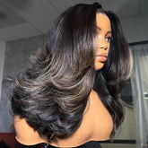Natural Black with Blonde Highlight Body Wave 5��5 HD Lace Closure Wig