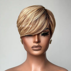Brown With Blonde Highlight Short Pixie Cut Long Bang Glueless Wig