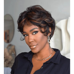 Glueless Brown Highlight Layered Pixie Cut Wig With Bangs