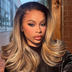 613 Ombre Blonde With Dark Root Layered Cut 13x4 Frontal Lace Wig