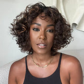 Glueless Brown Highlights Curly Bob Wig