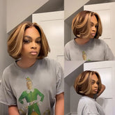 Brown With Blonde Highlights Wavy Bob Lace Closure Wig