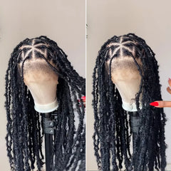 Full Lace Faux Locs Boho Curls Braided Invisi Drawstring Wig With Kinky Edges