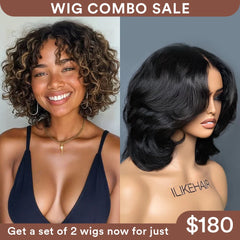 Wig Combo 9-Blonde Highlight Curly Bob Wig+Layered Bob Wavy Wig