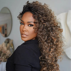 Glueless Honey Brown Mix Blonde Highlights Curly 5x5 Lace Closure Wig