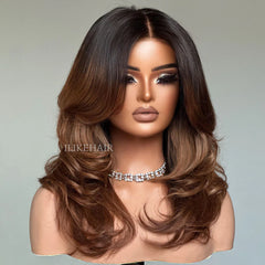 Ombre Brown Layered Wavy With Curtain Bangs Lace Closure Wig