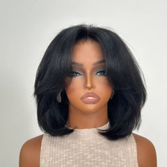 Natural Kinky Straight Layered Blowout Bob Lace Wig