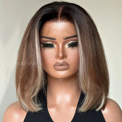 Ash Blonde Balayage Brown Highlight With Dark Root Straight Bob 13x4 Lace Front Wig