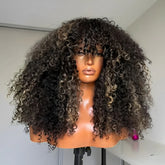 Blonde Highlight Glueless Curly Human Hair Wigs With Bangs