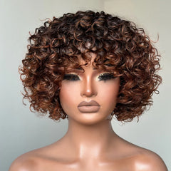 Put On & Go Short Ombre Auburn Brown Curly Wig With Bangs