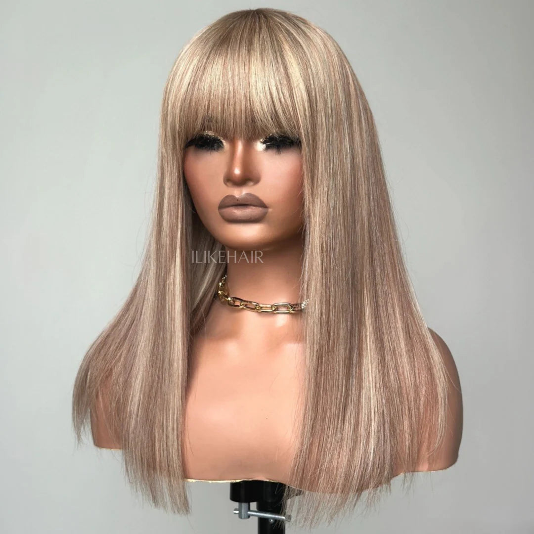P10/613 Blonde Highlight Straight Glueless Human Hair Wig With Bangs