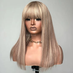 P10/613 Blonde Highlight Straight Glueless Human Hair Wig With Bangs