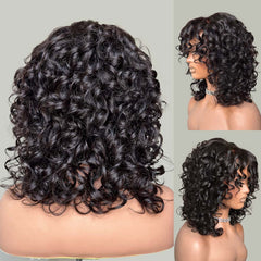 Put on & Go Natural Color Bouncy Curly With Bang 5x5 Lace Wig
