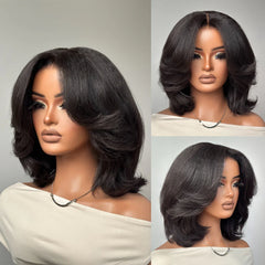 Natural Kinky Straight Layered Blowout Bob Wig