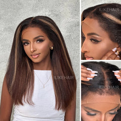 Blonde Highlight Kinky Straight With 4C Kinky Edges 13x4 HD Lace Front Wig