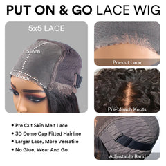 Put on & Go Jerry Curly Pre Cut 5x5 Lace Bob With Kinky Edges Wig