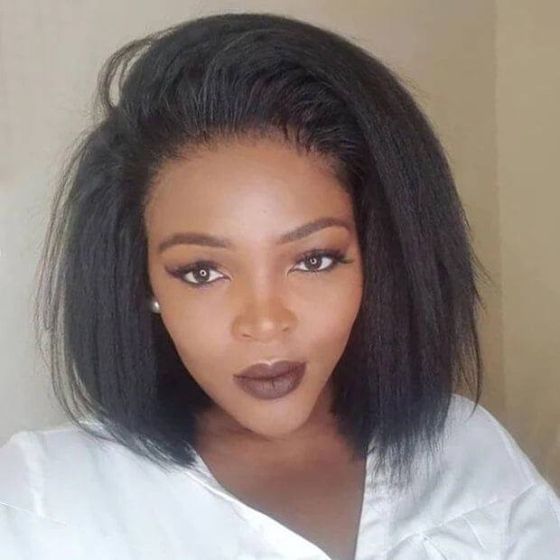 Short Kinky Straight Human Hair Bob Lace Front With Kinky Edges Wig