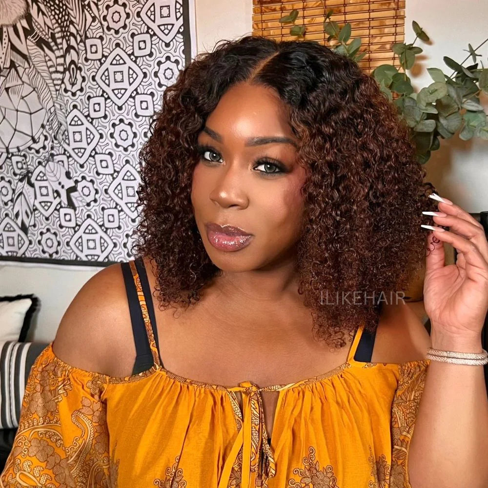 Put on & Go Fluffy Ombre Brown Jerry Curly 5x5 Lace Closure Wig