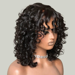 Put on & Go Natural Color Bouncy Curly With Bang 5x5 Lace Wig