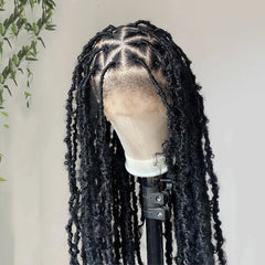 Full Lace Faux Locs Boho Curls Braided Invisi Drawstring Wig With Kinky Edges