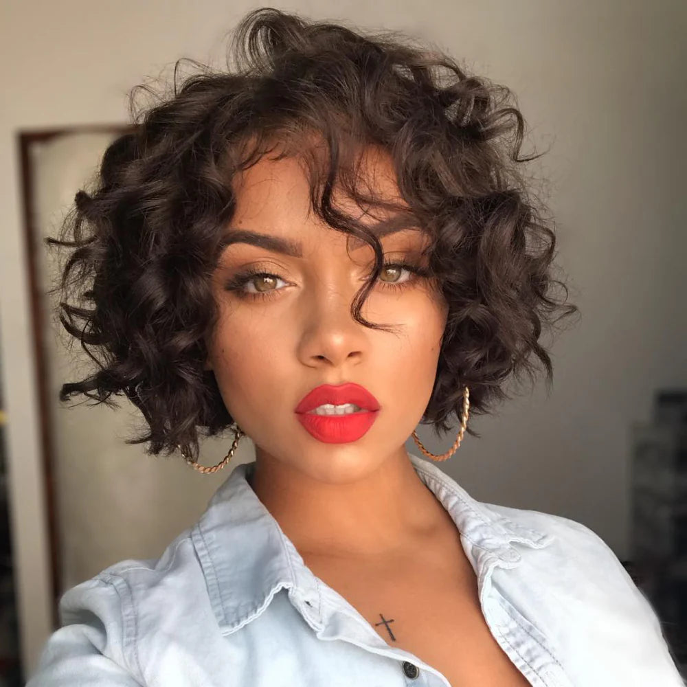 Brown Wave Bob Wig Glueless Human Hair Lace Front Wigs