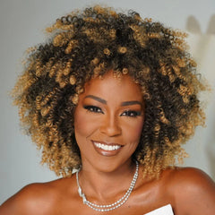 Honey Blonde Highlights Afro Kinky Coily Curly  Glueless Wig