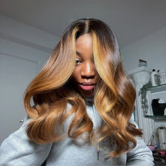 Warm Hazelnut Brown Balayage with Dark Brown Root Wavy 5x5 Lace Closure Wig