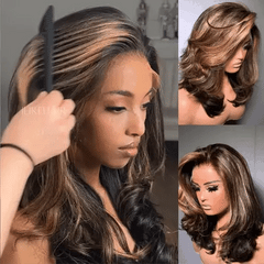 Blonde Highlight With Dark Brown Layered Wavy Lace Wig