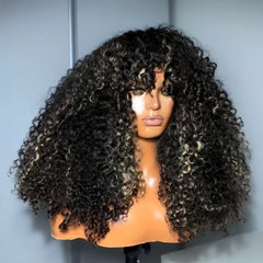 Blonde Highlight Glueless Curly Human Hair Wigs With Bangs