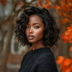 Fluffy Free Style Black Layered Cut Wavy Bob 13x4 Lace Front Wig