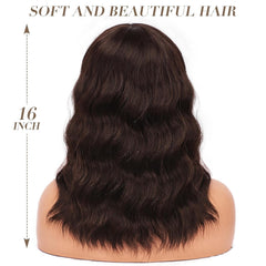 Brown Wavy Glueless Wig with Bangs Chocolate Brown Shoulder Length Human Hair Wigs