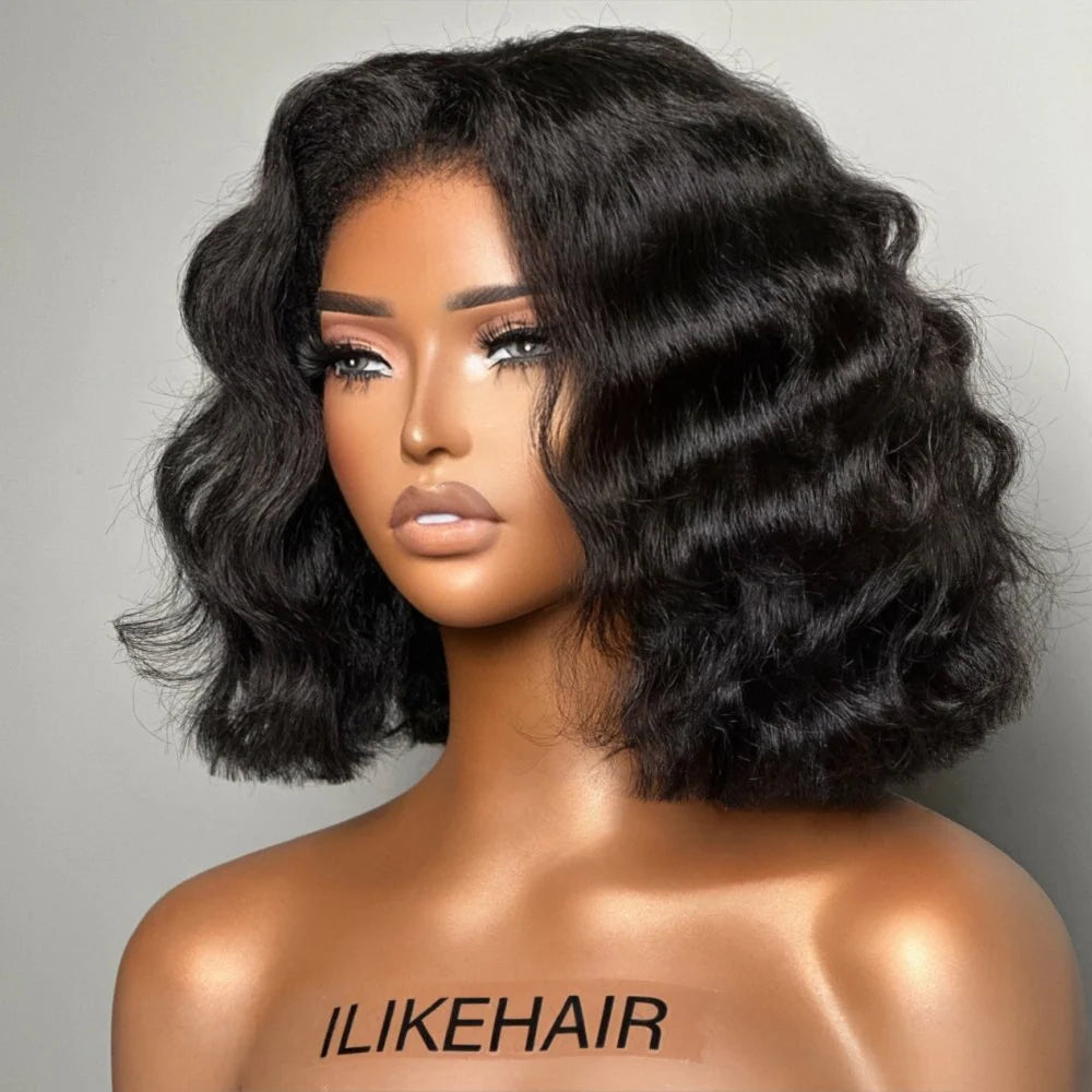 Put on & Go Short Wavy Bob Pre Cut HD Lace With Kinky Edges Wig