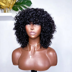 Put On & Go Kinky Curly Bob Natural Black Human Hair Wig With Bangs