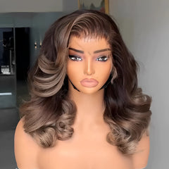 Brown With Blonde Highlight Wavy Layered Cut 13��4 Lace Frontal Wig