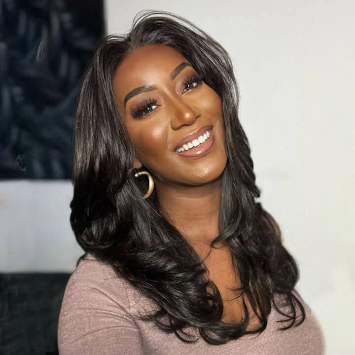 Layered Cut Wavy Human Hair Lace Front Wig With Butterfly Bangs