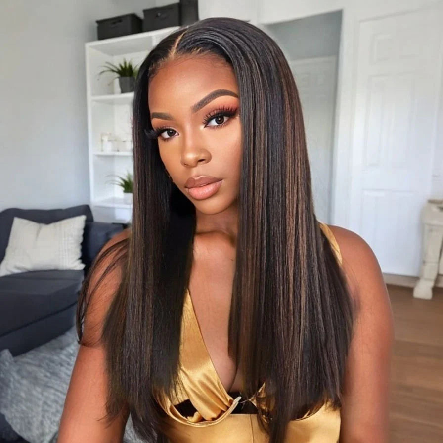 Kinky Straight Chestnut Brown Highlights Glueless Lace Front Wig