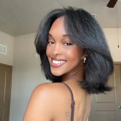 Natural Kinky Straight Layered Blowout Bob Wig